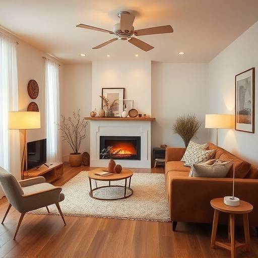 A warmly lit living room featuring Lumino Home lighting and furniture