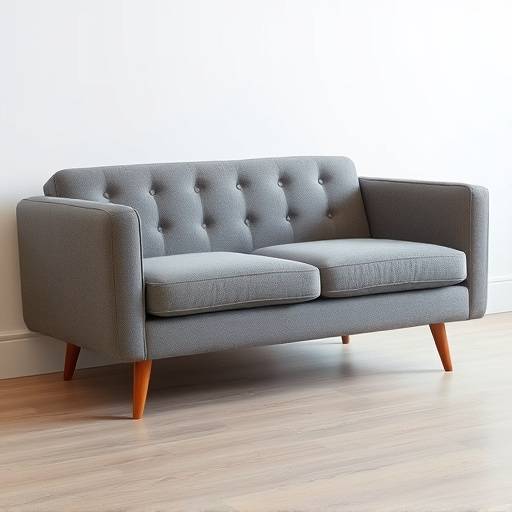 Elegant three-seater sofa upholstered in light gray fabric with wooden legs