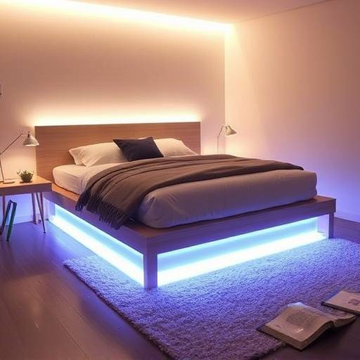 Platform bed with an integrated LED light strip along the base