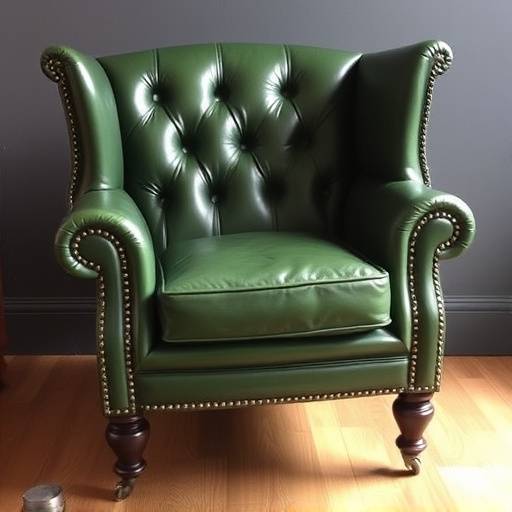 Wingback armchair upholstered in dark green leather with nailhead trim and wooden legs